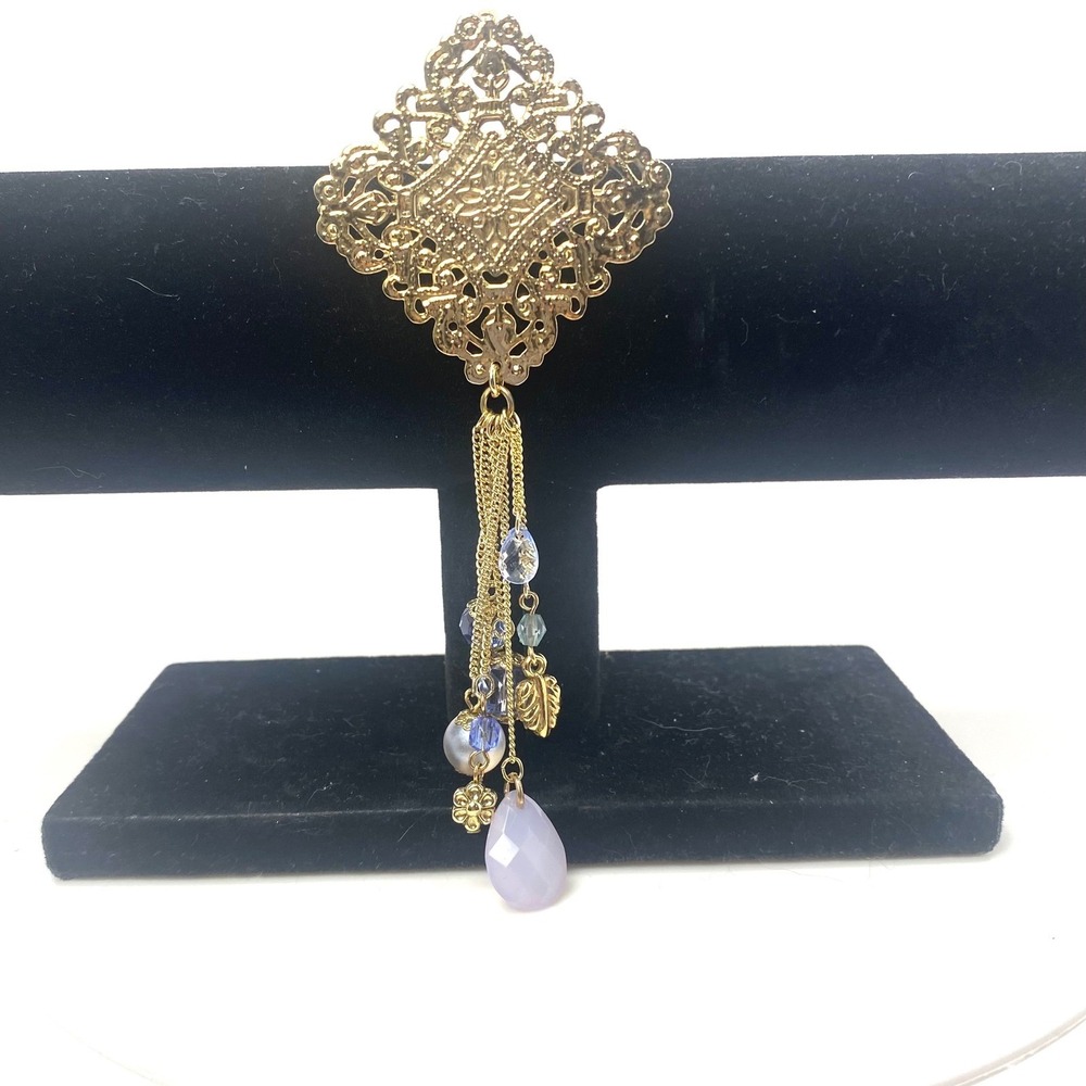 Vintage‎ Style Gold Filigree Tassel Brooch Lavender Blue Beads Pearl Ornate Pin